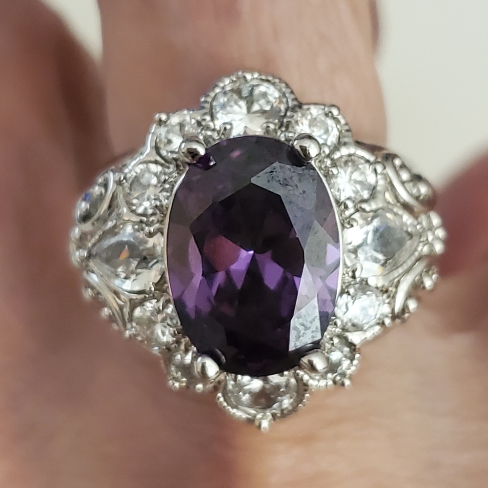 Heavy Weight Silvertone Amethyst Cz Ring